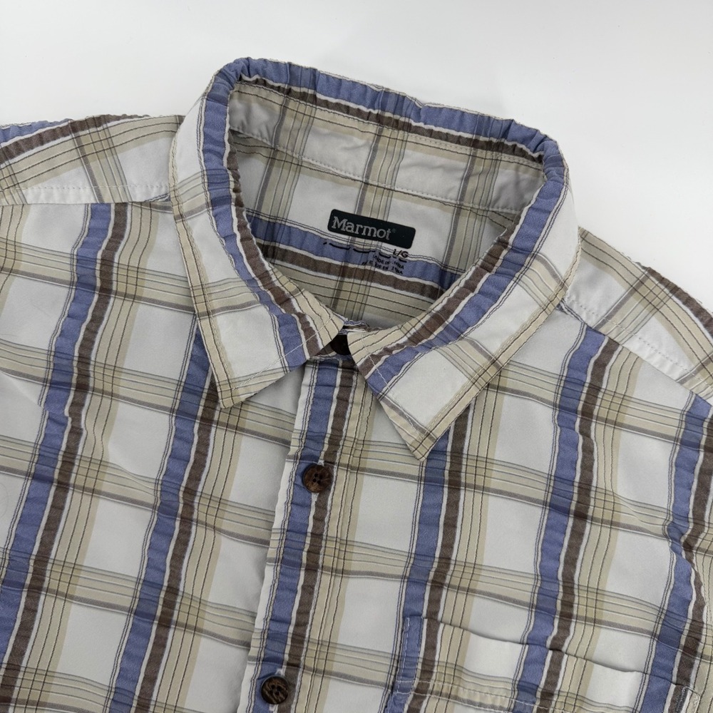 Marmot Button Down Shirt Mens Large Blue Plaid Short Sleeve Hiking Outdoor